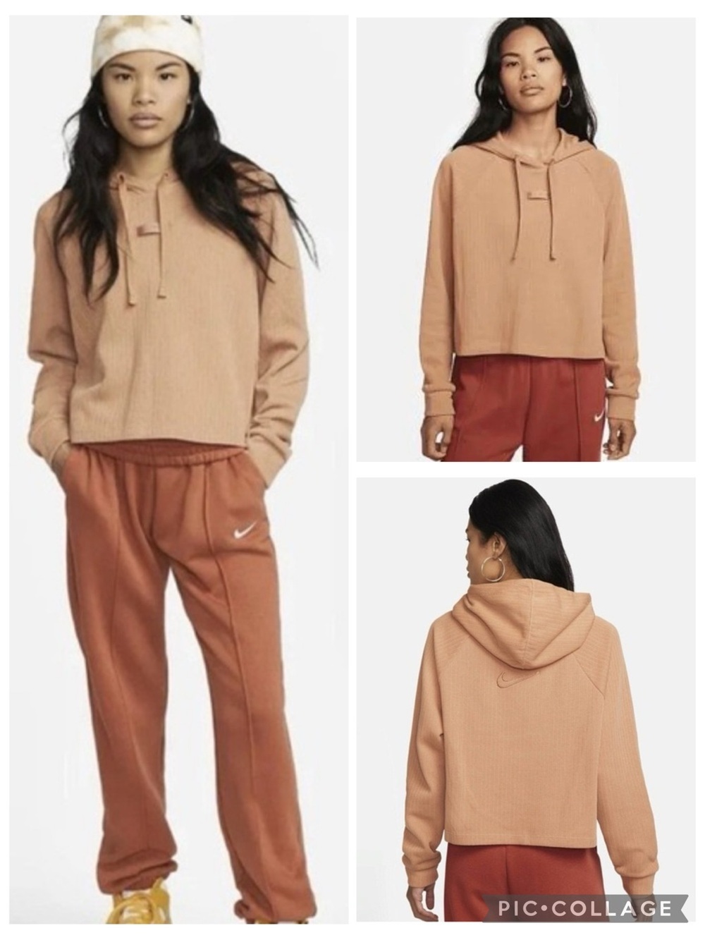 Nike Sportswear Ribbed Knit Hoodie Sweatshirt Cropped Cognac Sz Medium